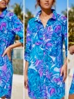 Lilly Pulitzer  Natalie Dress  Shirtdress Coverup Tunic Don’t Wanna Leaf